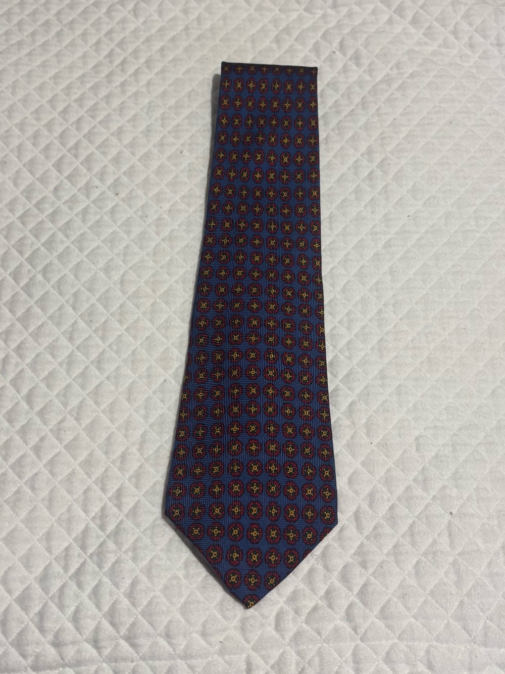 Polo by Ralph Lauren Hand-Made Silk Navy Tie with Red and Gold Medallion Pattern